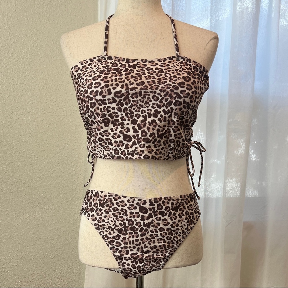 Tahari 3 piece Leopard Print Halter Bikini Set with Matching Sarong. Size L. NWT